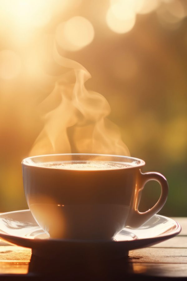 Cup of Coffee on a wooden Table on a Summer or Autumn blurred Background, Copy space. Coffee in Cafe Outdoor