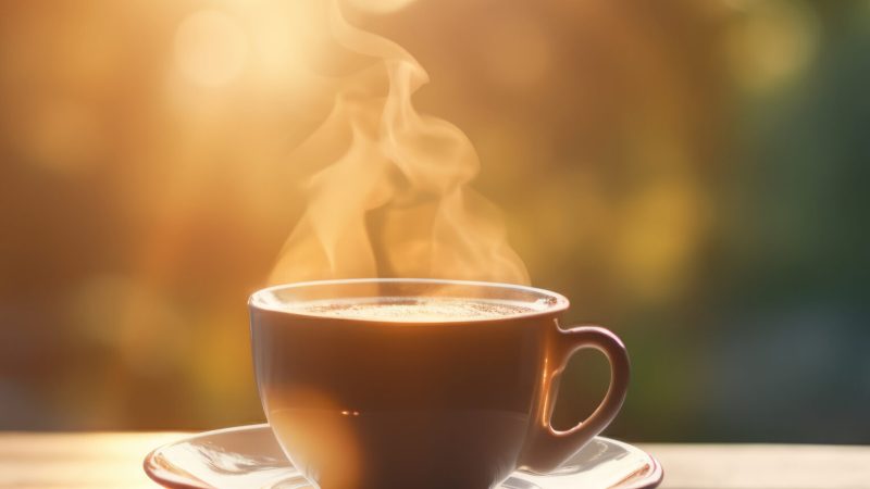 Cup of Coffee on a wooden Table on a Summer or Autumn blurred Background, Copy space. Coffee in Cafe Outdoor